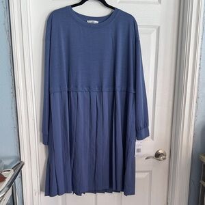 Blue Pleated Long Sleeve Tunic Dress